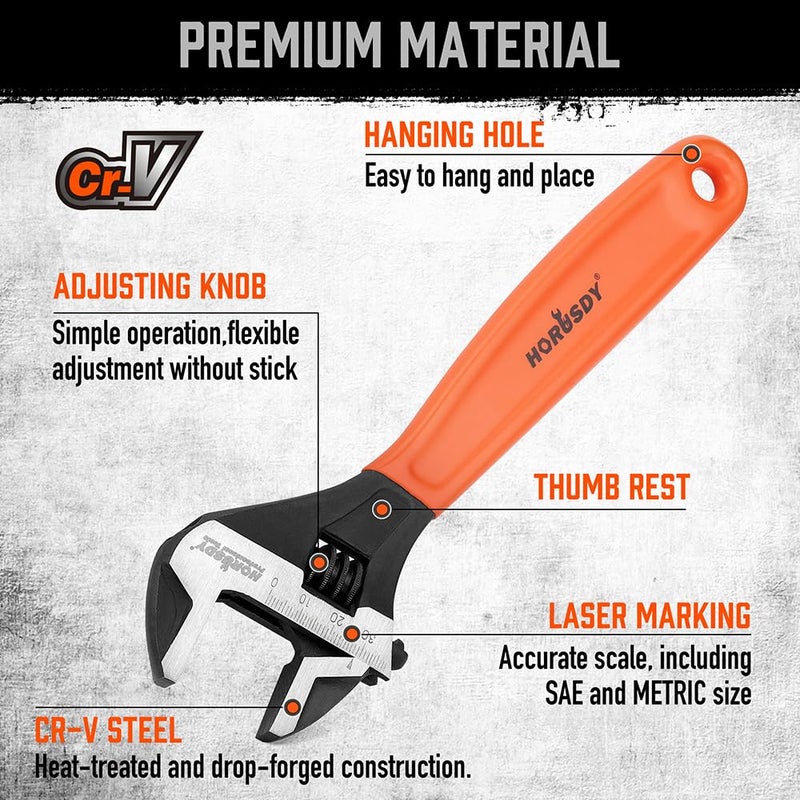 HORUSDY Adjustable Wrench Set | 2-Piece | 6-Inch and 10-Inch Wrenches | Metric & SAE Scales | Cushion Grip Wrench | Cr-V Steel - Image 5